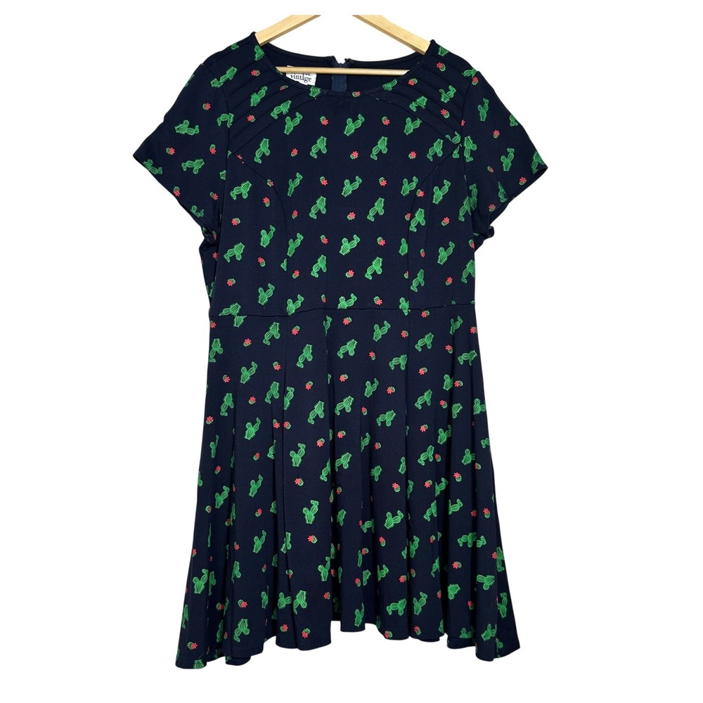 Unique Vintage Cactus Print Pintuck Fit N Flare Dress 2X 18, Rock-a-billy Retro